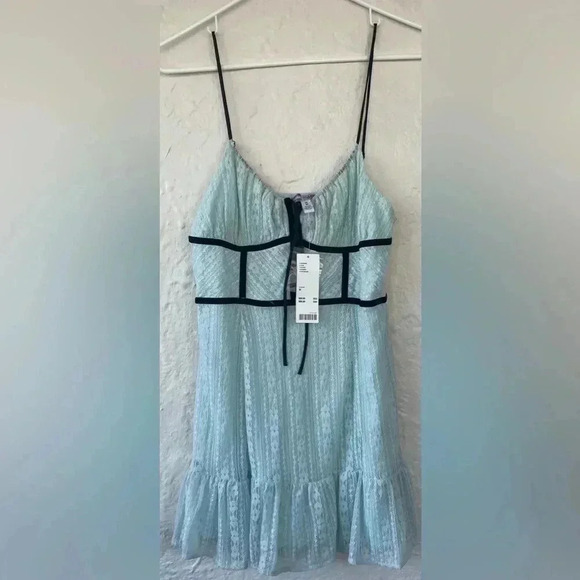 NWT Urban Outfitters Silvana Lace Light Blue With Black Detail Mini Dress;size M - Picture 1 of 9